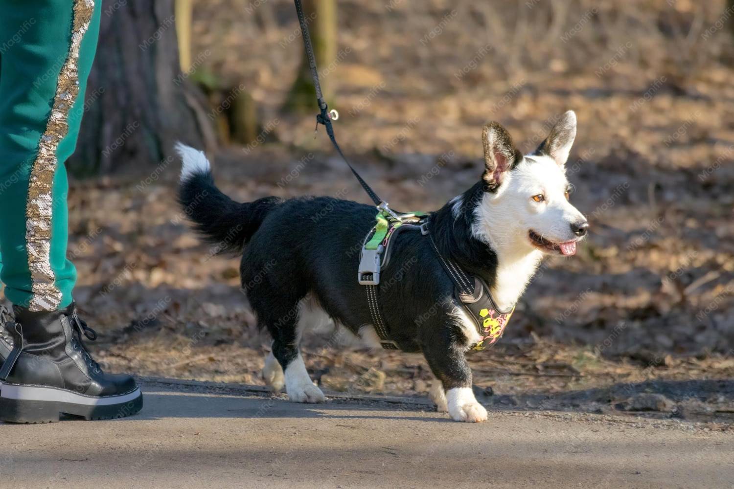 black-corgi-with-white-spots-walking-with-its-owne